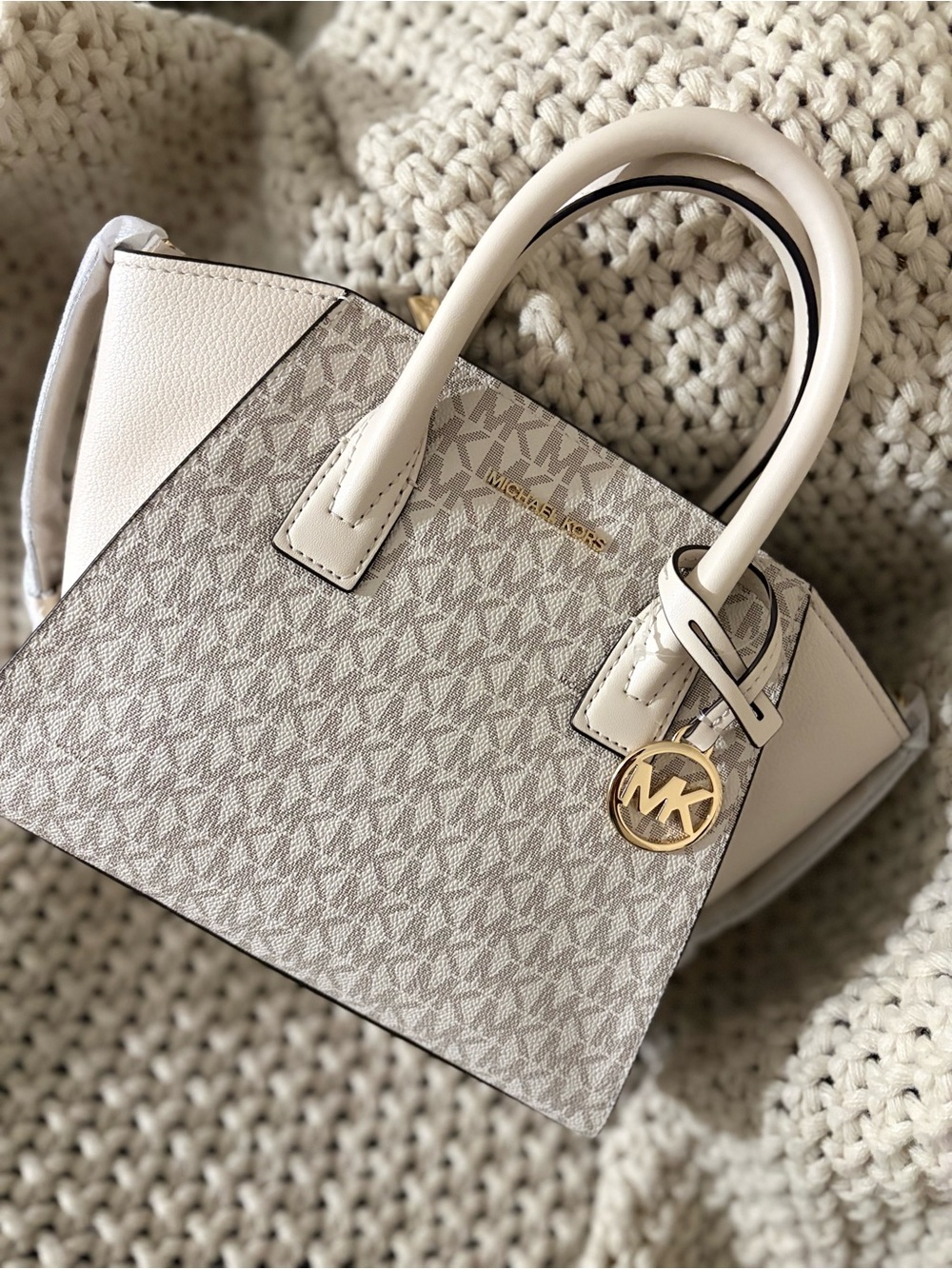 Michael Kors Cream/Beige Signature Tote with Gold MK Charm